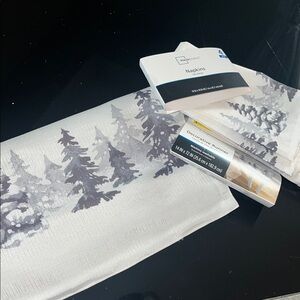 Grey White Decorative Runner and Napkins Set with Tree Design